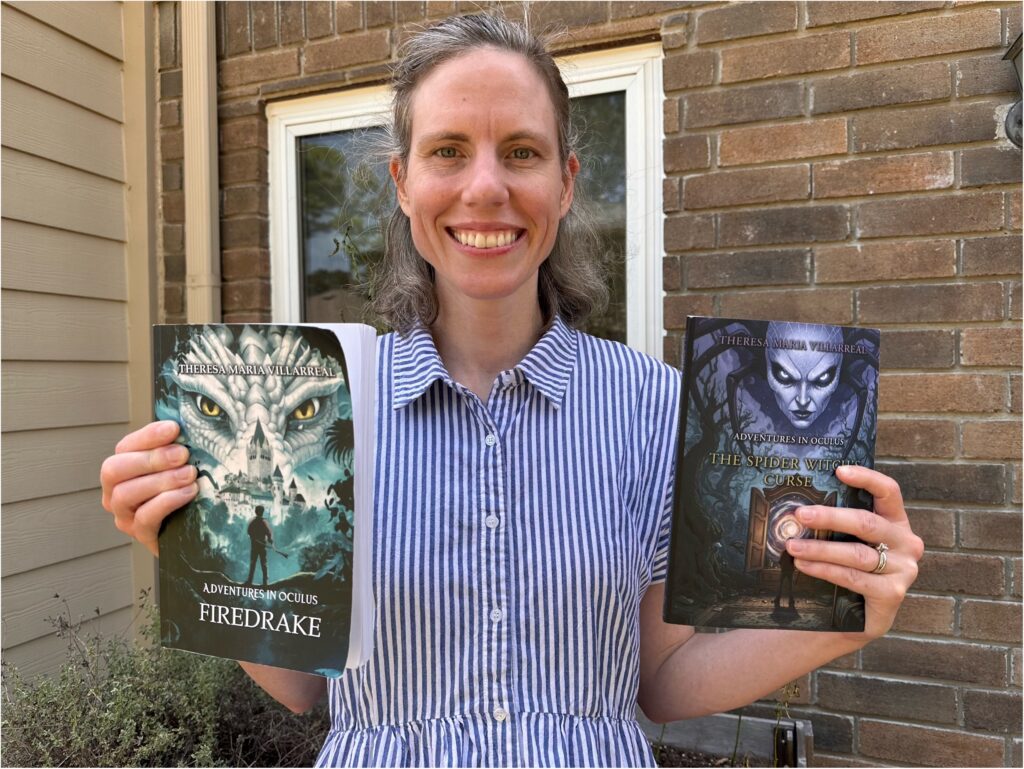 Theresa Maria Villarreal holding her two Adventures in Oculus books