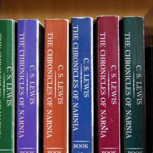 Rows of C.S. Lewis's 'The Chronicles of Narnia' books on a shelf, vibrant and inviting.