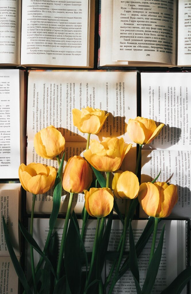 tulips, flowers, beautiful flowers, books, read, page, yellow tulips, flower background, flower wallpaper, nature, yellow flowers, spring, literature, closeup, phone wallpaper, aesthetic wallpaper